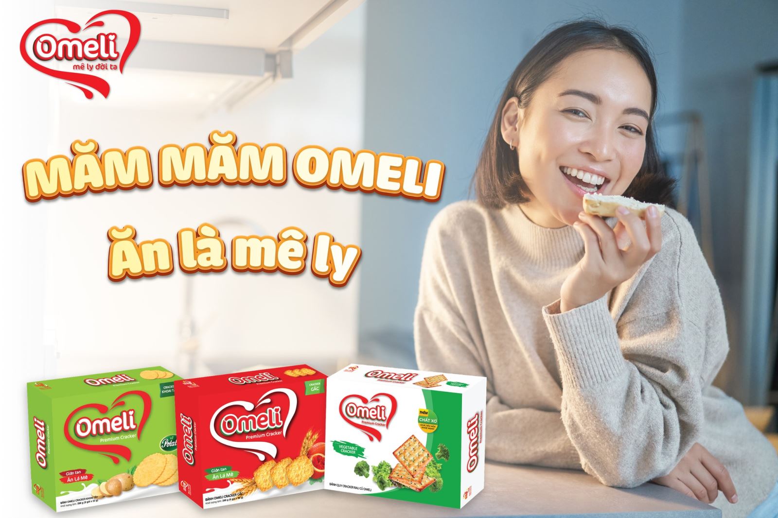 Cùng thưởng thức vị giòn rụm và thơm ngon từ bánh Omely Cracker khoai tây
