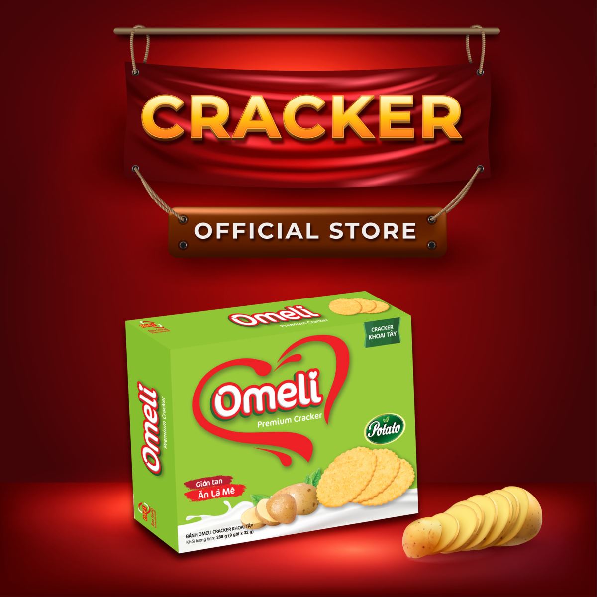 Cùng thưởng thức vị giòn rụm và thơm ngon từ bánh Omely Cracker khoai tây